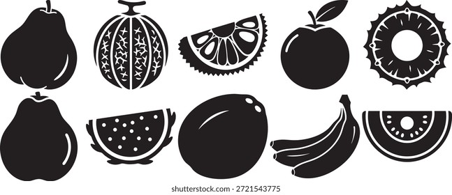 Silhuetas de frutas sortidas para a indústria alimentícia. Produtos biológicos inteiros e em fatias. Símbolos gráficos para barras de suco. Ícones de colheita fresca. Conjunto de ilustração de vetor de dieta e bem-estar.