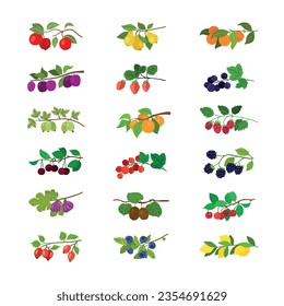 Frutos variados cuelgan de una ramita verde adornada con hojas vibrantes.