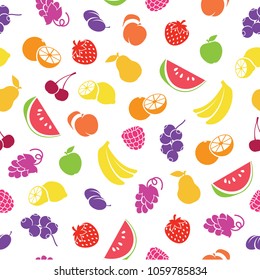 Assorted fruits seamless colorful pattern. Banana, strawberry, lemon, apple, grape and other fruits background