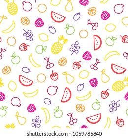 Assorted fruits seamless colorful pattern. Banana, strawberry, lemon, apple, grape and other fruits background