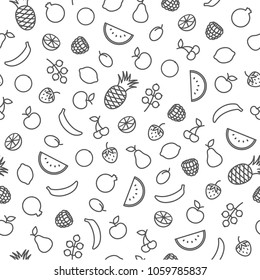 Assorted fruits seamless pattern. Banana, strawberry, lemon, apple, grape and other fruits background