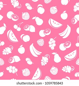 Assorted fruits seamless pattern. Banana, strawberry, lemon, apple, grape and other fruits background