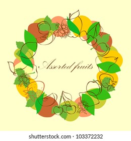 Assorted Fruits Silhouettes and Leaves in Circle on Light Yellow Background, Vector Version