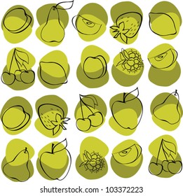 Assorted Fruits Silhouettes and Leaves in Rows on Light Yellow Background, Vector Version, Simplified