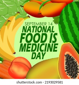 Frutas y verduras variadas formando un marco con texto en negrita sobre un fondo verde claro para conmemorar el Día Nacional de la Alimentación es la Medicina el 14 de setiembre