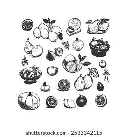 Assorted Fruits and Vegetables - Hand-Drawn Line Art Collection. Detailed black and white line art collection of assorted fruits and vegetables. Perfect for food-related projects, menu.