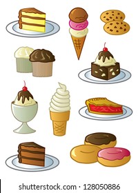 Assorted fun desserts and sweets drawn in a fun cartoon style.