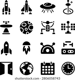 Assorted futuristic and spacethemed icons featuring rockets planets and scifi elements perfect for technology and science projects