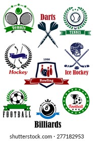 Assorted games logo and emblems emphasizing tennis, darts, ice hockey, bowling, football and billiard sports