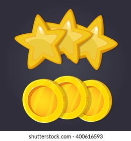 Assorted gaming design elements on dark.Gold Medal for Games. Golden Coin, Star. Achievement Icon. Vector illustration.