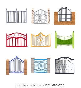 Portões e cercas decorativas variados projetos com diferentes estilos e materiais, fornecendo vários pontos de entrada e soluções de segurança para propriedades residenciais, jardins e casas