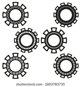 Assorted gear shapes. Intricate mechanical motifs. Bold industrial cogs. Vector black mechanism.