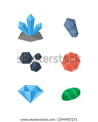 Assorted gems and rocks vector icons illustration. Set of color crystals and minerals, precious and semi precious diamonds, natural rocks. Multicolor minerals, crystallized gems.