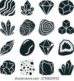 Assorted geometric and crystalline icons showcasing various gemstone and mineral patterns in bold monochrome design