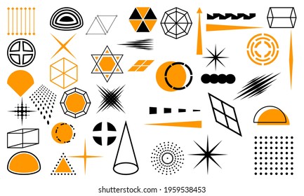 Assorted geometric design elements in black and orange on a white background, featuring shapes like stars, cones, hexagons,organic shape and abstract forms.