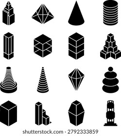 Assorted geometric threedimensional shapes and figures in monochrome design for educational and graphic purposes