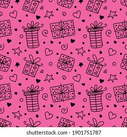 Assorted Gift Boxes Doodle Vector Seamless Pattern. Present And Symbol Seamless Texture. Textiles, Wrapping Paper, Wallpaper Design, Packaging. Valentines Day.