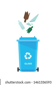 Assorted glass trash in special urn. Vector recycle concept. Bins for recycling with sorted garbage and rubbish. 