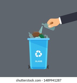 Assorted glass trash in special urn. Hand throws trash into the basket. Vector recycle concept. Bin for recycling with sorted garbage and rubbish.