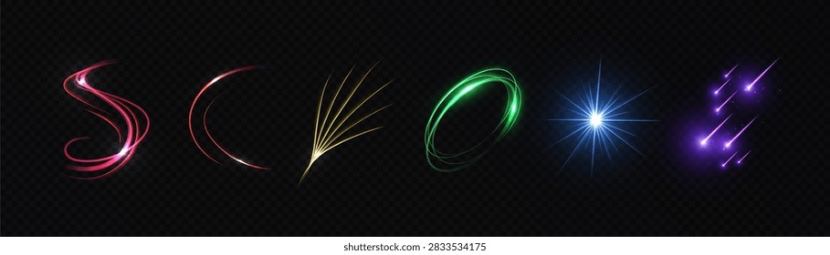Assorted glowing multicolor light effects with curved trails, rings, rays, swooshes and star flare on black background. Vector illustration.	