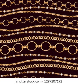 Assorted golden chains on black background seamless pattern. Good for cover card banner luxury design. Necklace or bracelet vector illustration.