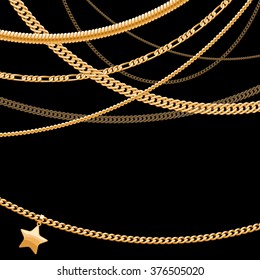 Assorted golden chains on dark black background with star pendant. Good for cover card banner luxury design.