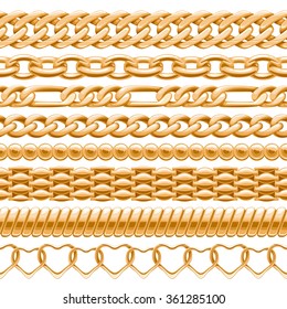 Assorted golden chains on white seamless background. Vector brushes for your design.