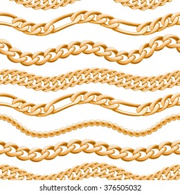 Assorted golden chains on white background seamless pattern. Good for cover card banner luxury design. Necklace or bracelet vector illustration.