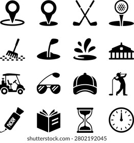 Assorted golf and leisure activity icons featuring clubs flags carts and accessories in minimalist style