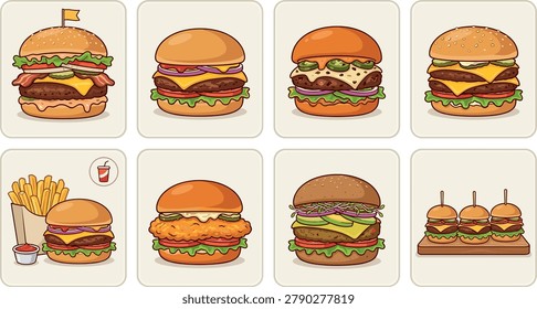 Assorted gourmet burger vector illustration set with cheeseburgers, chicken, beef, fries, sliders, and fresh toppings for menus