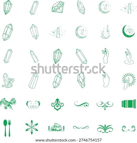 Assorted green crystals icons and decorative ornate elements isolated on transparent background