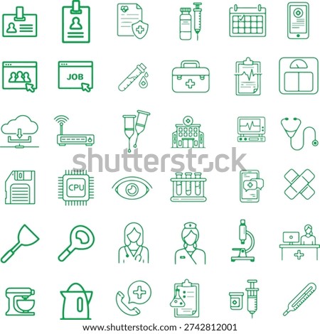 Assorted green line icons representing medical technology and healthcare elements isolated on transparent background