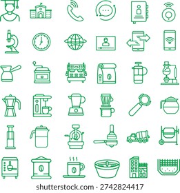 Assorted green outline icons depicting education science and various coffee equipment isolated on transparent background