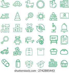Assorted green outline icons representing toys education and tools isolated on transparent background