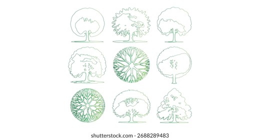 Dibujos de contorno de árbol verde surtido para Planes arquitectónicos. Incluye varias Formas y estilos de árboles sobre un fondo blanco limpio.