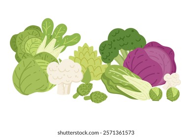 Assorted green vegetables including broccoli, lettuce, and cabbage in a fresh layout. Ideal for food packaging or healthy living designs. Vector illustration