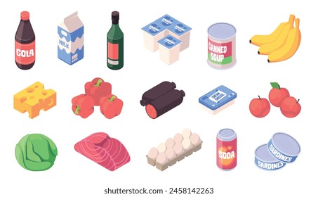 Surtido de comestibles en estilo de Ilustración vectorial isométrica sobre un fondo claro, concepto de compras y artículos de comida. Conjunto de Ilustraciones vectoriales isométricas aisladas sobre fondo blanco