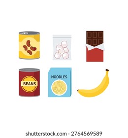 Assorted grocery items including canned goods, snacks, and fresh fruit