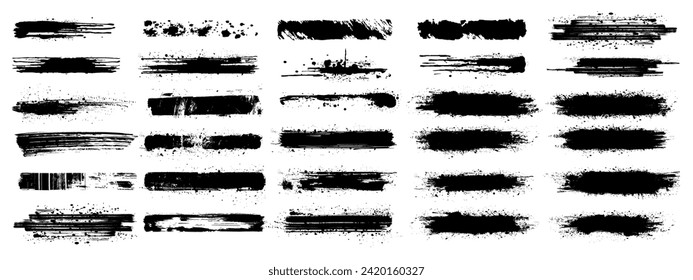 Assorted Grunge Brush Strokes Set on White Background. A diverse collection of black grunge brush strokes ideal for textured designs and creative graphics, isolated on white. Vector brush stroke set