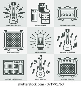 Assorted Guitar Stuff. Line Design Icon Set. Vector Illustrations.