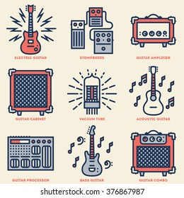 Assorted Guitar Stuff. Line Design Vintage Icon Set. Vector Illustrations.