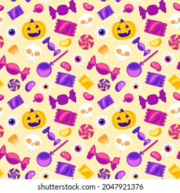 Assorted Halloween candies, pumpkins, eye balls, and skulls scattered on a beige background. Seamless repeating vector illustration background.