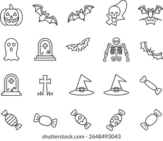 Vários ícones de Halloween Spooky Pumpkins Bats Skeletons Fantasmas Chapéus de Bruxa Tombstones e doces Criar um Design de Feriado delicioso