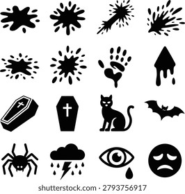 Assorted halloweenthemed icons featuring splatters bats cats spiders and spooky symbols in bold silhouettes