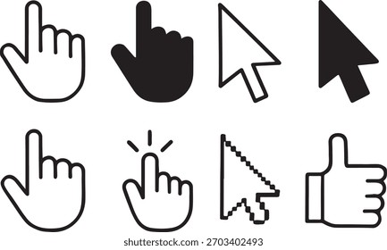 Assorted hand and arrow cursors displayed in black and white, symbolizing digital interaction.