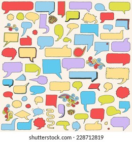 Assorted hand drawn doodle speech bubbles color vector set.