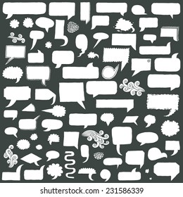 Assorted hand drawn doodle speech bubbles on black vector set.