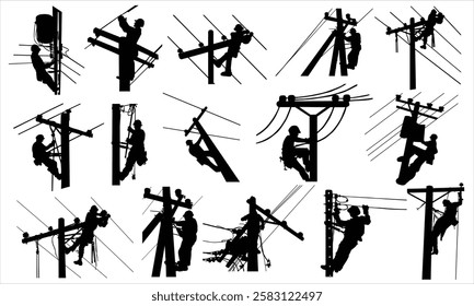 Assorted Hand Drawn Electric Workers Lineman Silhouettes Bundle.