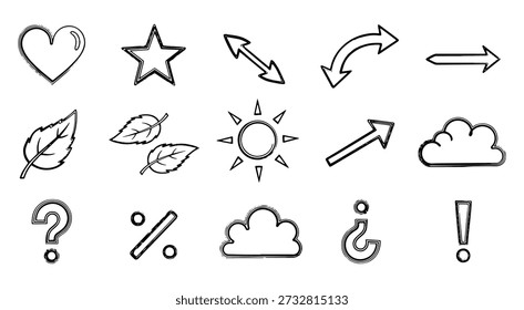 Verschiedene handgezeichnete Herzstern- und Wettersymbole