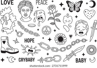 Dibujados a mano diseños de tatuajes que incluyen amor, paz, y símbolos de esperanza, caras llorando, flores, mariposas, y cadenas, todo presentado en un estilo minimalista en blanco y negro.